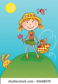 Picnic Girl. Vector illustration of a cute girl looking for a place to picnic.