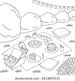 Picnic graphic black white landscape sketch illustration vector 