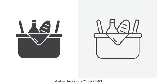 Picnic graphics. Grocery food and drink basket vector. Market hand basket symbol.