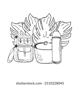 Picnic en gráficos. Dibuja a mano ilustraciones gráficas sobre un fondo blanco. Tema de picnic para el diseño