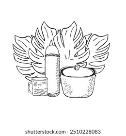 Picnic in graphics. Hand draws graphic illustrations on a white background. Picnic theme for design