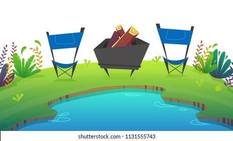 picnic grill at park forest rest camping at lake or sea . wild tourism weekend at green grass field and trees , nature plants . beautiful serenity cheerful cartoon style , vector background