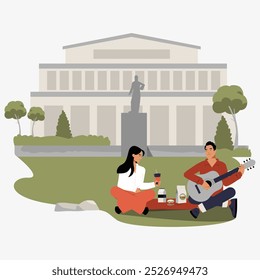 Picnic with guitar and coffee cups in front of building in flat vector illustration symbolizing music, relaxation, and socializing, isolated on white background.