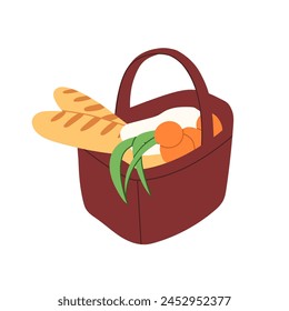 Picnic hamper is full of food. Products' box, bag with handle for eating outdoor, meal at nature. Grocery basket with baguette, eggs, greenery. Flat isolated vector illustration on white background.