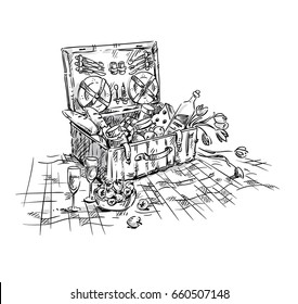 Picnic hamper, lunch on the grass, vector