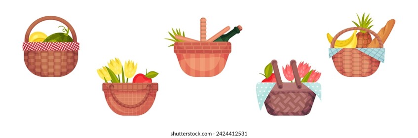 Picnic Hamper and Wicker Basket with Lunch Food Vector Set