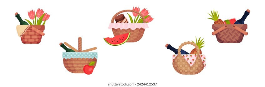 Picnic Hamper and Wicker Basket with Lunch Food Vector Set