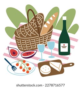 Picnic hand drawn composition, food and drinks for outside meal, vector illustrations of wine, fig fruit, bread, cheese on blanket. Picnic basket. Ideas for outdoor dinner for relaxation