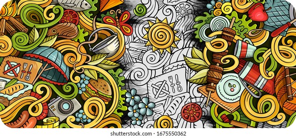 Picnic hand drawn doodle banner. Cartoon detailed flyer. BBQ identity with objects and symbols. Color vector design elements background