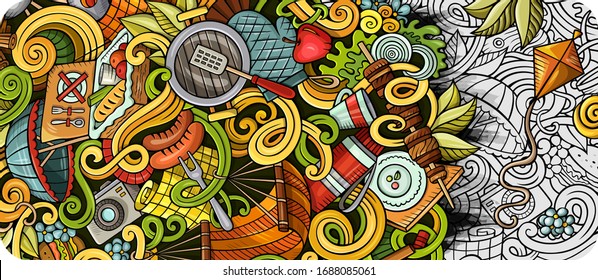 Picnic hand drawn doodle banner. Cartoon detailed flyer. BBQ identity with objects and symbols. Color vector design elements background
