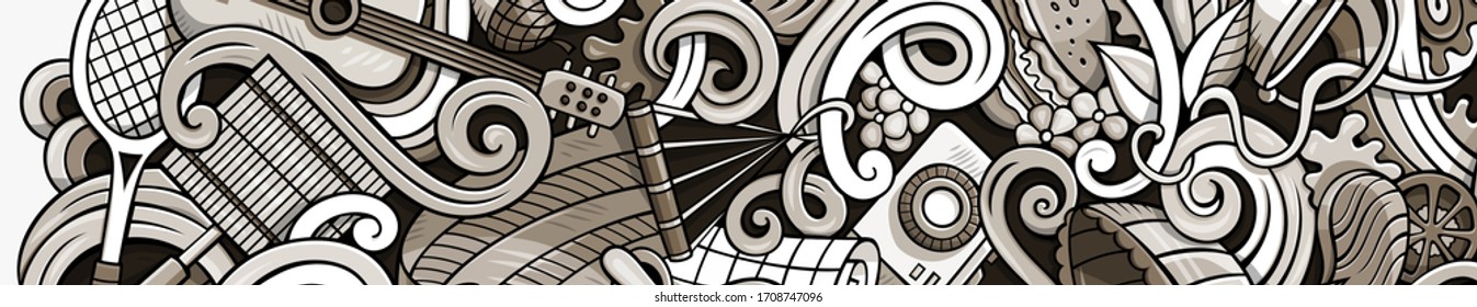 Picnic hand drawn doodle banner. Cartoon detailed flyer. BBQ identity with objects and symbols. Monochrome vector design elements background