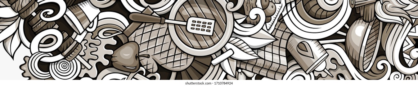 Picnic hand drawn doodle banner. Cartoon detailed flyer. BBQ identity with objects and symbols. Monochrome vector design elements background