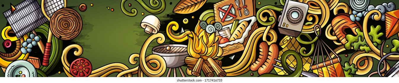 Picnic hand drawn doodle banner. Cartoon detailed flyer. BBQ identity with objects and symbols. Color vector design elements background