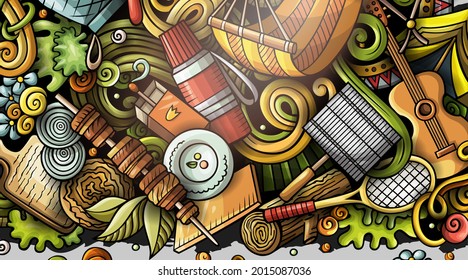 Picnic hand drawn doodle banner. Cartoon vector detailed flyer. Illustration with camp objects and symbols. Colorful horizontal background