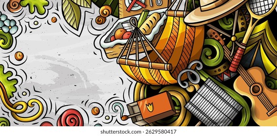Picnic hand drawn doodle banner. Cartoon vector detailed flyer. Illustration with camp objects and symbols. Colorful vertical background