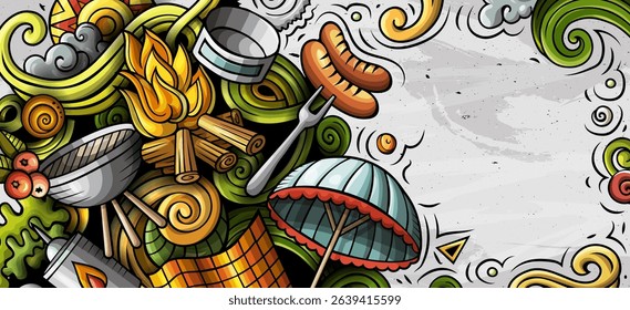Picnic hand drawn doodle banner. Cartoon vector detailed flyer. Illustration with camp objects and symbols. Colorful vertical background