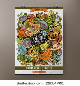 Picnic hand drawn doodles illustration. BBQ objects and elements cartoon doodle background. Vector color poster design template