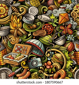 Picnic hand drawn doodles seamless pattern. BBQ background. Cartoon food and nature fabric print design. Colorful vector barbecue and grill illustration