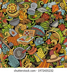 Picnic hand drawn doodles seamless pattern. BBQ background. Cartoon food and nature fabric print design. Colorful vector barbecue and grill illustration