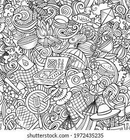 Picnic hand drawn doodles seamless pattern. BBQ background. Cartoon food and nature coloring page design. Sketchy vector barbecue and grill illustration