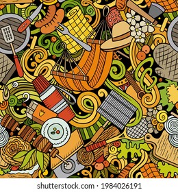 Picnic hand drawn doodles seamless pattern. BBQ background. Cartoon food and nature fabric print design. Colorful vector barbecue and grill illustration