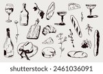 Picnic Hand Drawn Illustration Cottagecore Bottle of Wine Glasses Cheese, Croissant, French Baguette Bread, Grapes, Wildflowers Vector Collection Set