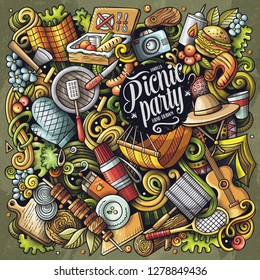 Ilustración de garabatos de Vector dibujado a mano de picnic. Diseño de cartel de barbacoa. Fondo de dibujos animados de Elementos y objetos de fiesta familiar. Colores brillantes imagen divertida. Todos los elementos están separados