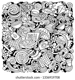 Picnic hand drawn vector doodles illustration. BBQ poster design. Family party elements and objects cartoon background. Sketchy funny picture. All items are separated