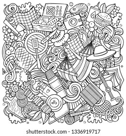 Picnic hand drawn vector doodles illustration. BBQ poster design. Family party elements and objects cartoon background. Sketchy funny picture. All items are separated