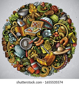 Picnic hand drawn vector doodles illustration. BBQ poster design. Family party elements and objects cartoon background. Bright colors funny picture. All items are separated