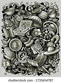 Picnic hand drawn vector doodles illustration. BBQ poster design. Family party elements and objects cartoon background. Toned funny picture. All items are separated