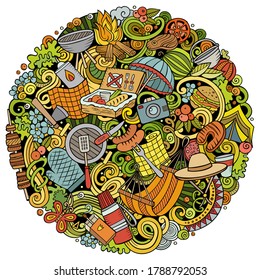 Ilustración de doodles vectoriales dibujados a mano picnica. Diseño de afiches de barbacoa. Fondo de dibujos animados de elementos y objetos del partido familiar. Colores brillantes, imagen graciosa. Todos los elementos están separados