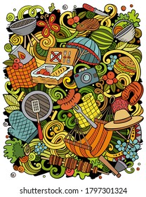 Picnic handgezeichnet Vektordoodles Illustration. BBQ Poster Design. Elemente der Familie und Objekte, Cartoon-Hintergrund. Helle Farben lustiges Bild. Alle Artikel sind getrennt