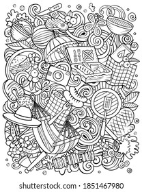 Picnic hand drawn vector doodles illustration. BBQ poster design. Family party elements and objects cartoon background. Sketchy funny picture. All items are separated