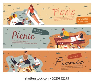 Picnic header banner set, vector illustration. Cartoon man woman people character rest at weekend, special date for summer recreation in park. Holiday activity together outdoor, template page.