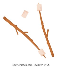 Picnic, hiking, camping, hiking. Marshmallows on sticks for baking over a fire. Vector illustration in the flat style. Isolated on a white background.
