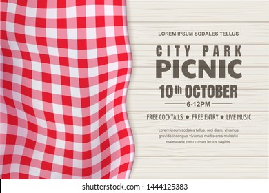 Picnic horizontal background. Vector poster or banner design template with realistic red gingham tablecloth on white wooden table. Restaurant, cafe menu design elements.