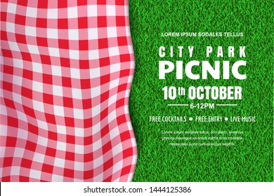 Picnic horizontal background. Vector poster or banner design template with realistic red gingham plaid on green grass lawn. Outdoors summer weekend in city park.