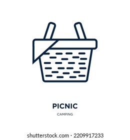 Picknicksymbol aus der Campingkollektion. Dünne lineare Picknick, Essen, Aktivitätskontur Symbol einzeln auf weißem Hintergrund. Picknick-Zeichen, Symbol für Web und Mobile