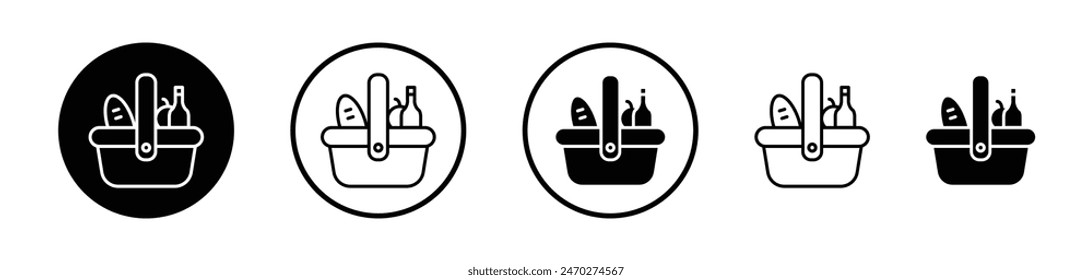 Picnic icon collection. Grocery food and drink basket vector icon. Market hand basket emblem.