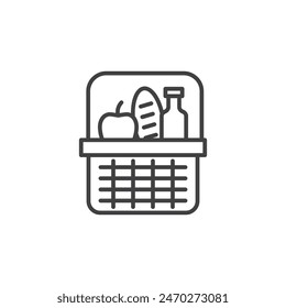 Picnic icon pack. Grocery food and drink basket vector sign. Market hand basket symbol.