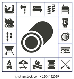 picnic icon set. 17 filled picnic icons.  Simple modern icons about  - Swiss army knife, Campfire, Skewers, Marshmallow, Grill, Ketchup, Smore, Ax, Picnic table, Fishing line