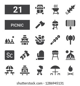 picnic icon set. Collection of 21 filled picnic icons included Bonfire, Picnic table, Barbecue, Camp, Mitt, Ax, Scout, Skewer, Grill, Camping