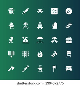 picnic icon set. Collection of 25 filled picnic icons included Picnic table, Ax, Grill, Skewer, Barbecue, Bonfire, Portable fridge, Camp, Marshmallow, Mitt, Adventure