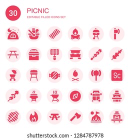 picnic icon set. Collection of 30 filled picnic icons included Camping, Picnic, Marshmallow, Bonfire, Grill, Portable fridge, Picnic table, Skewer, Barbecue, Barbecue grill, Ax