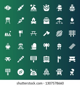 picnic icon set. Collection of 36 filled picnic icons included Barbecue, Grill, Camping, Adventure, Picnic table, Ax, Skewer, Marshmallow, Mitt, Bonfire, Portable fridge