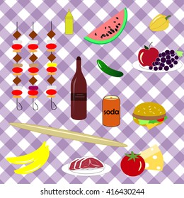 picnic icon set with four components of a picnic: food, drinks, utensils and grill, nature placed on a tablecloth for a picnic