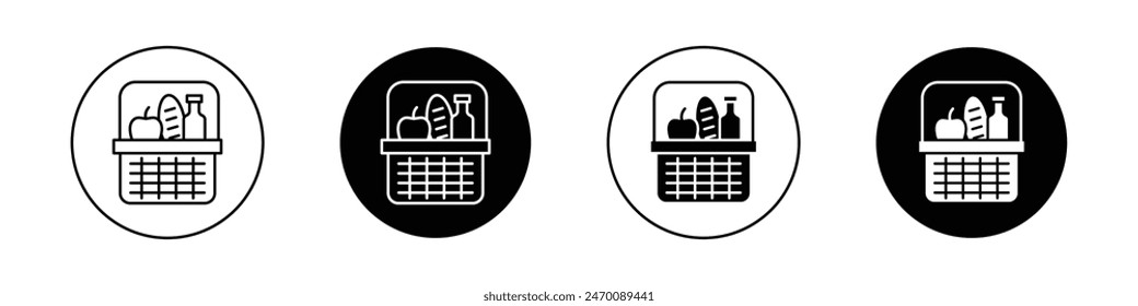 Picnic icon set. grocery food and drink basket vector symbol. market hand basket sign in black filled and outlined style.