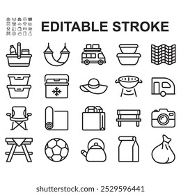 Conjunto de iconos de picnic. Vector de línea delgada que contiene íconos como silla plegable, autocaravana, comida y otros.