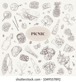 Picnic icon set vector illustration Hand drawn sketchy romantic elements Summer Food Drinks Wine. Seamless background